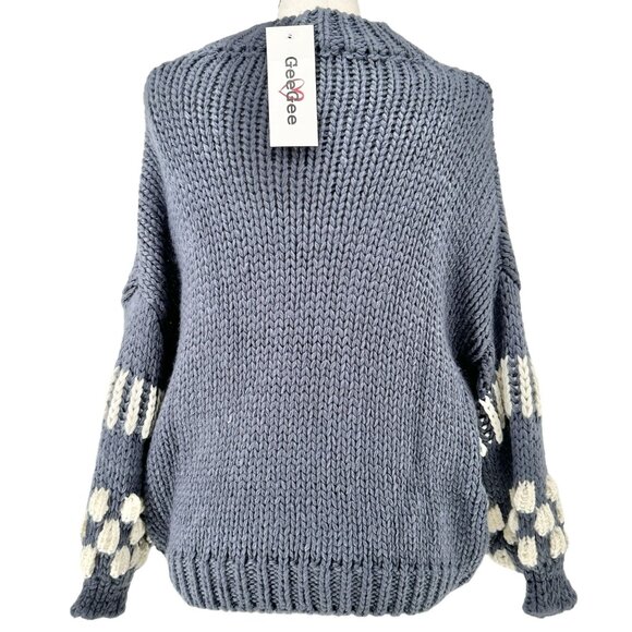 GeeGee Sweater Womens M Oversized Pullover Acrylic Slate Blue and White Knit - Picture 2 of 11